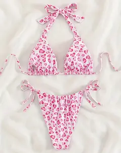 Women’s Pink Monogram Bikini Set Sexy Triangle String Swimsuit Tie Side 2 Piece Swimwear Beach Pool Party Summer Outfit