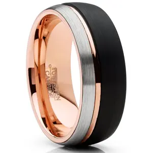 Mens Tungsten Ring Dome Wedding Band Tri-Color Groove Rose Goldtone Black Comfort-fit 8MM