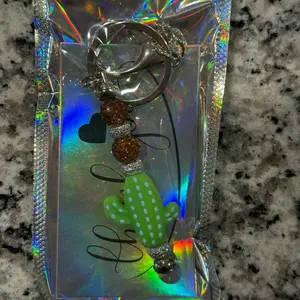 Sharp Desert Keychain with Green Polka Dot Cactus Charm and Sparkling Beads in Holographic Packaging