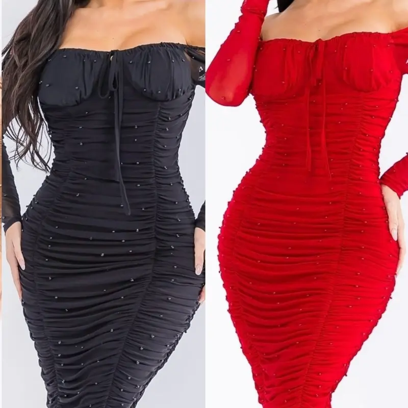 Abril Long sleeve pearl midi Dress