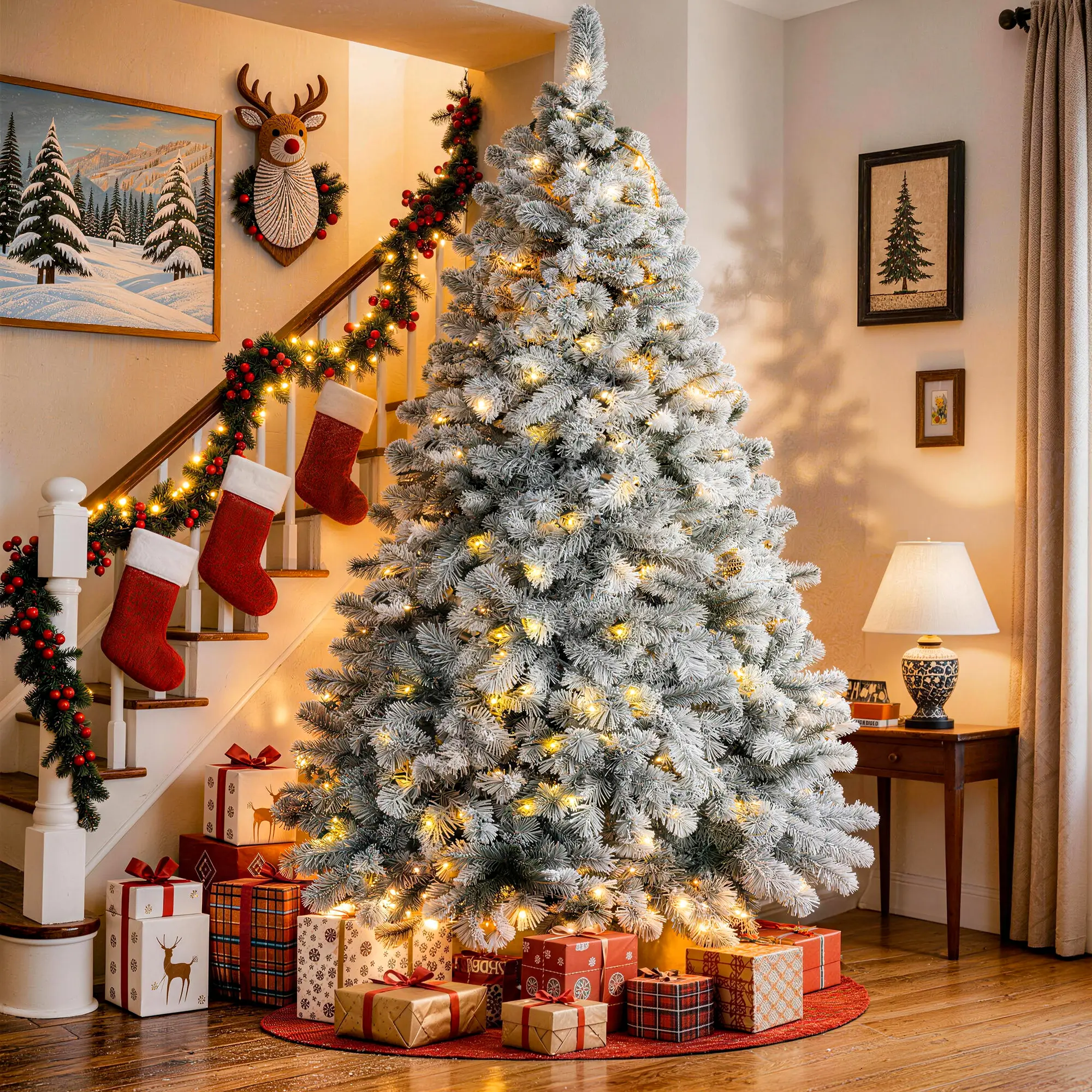 Okicoler 6.5 FT Pre-Lit Flocked Artificial Christmas Tree, 250 Color-Changing Lights, 900 Branch Tips, Full Snowy Holiday Tree with Hinged Sections and Foldable Metal Stand