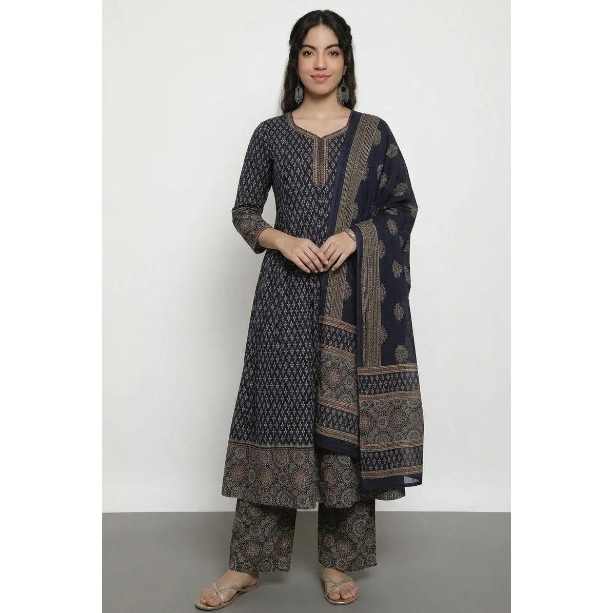 Black Ajrak  Cotton Stitched Anarakali Kurta, Palazzo With Dupatta