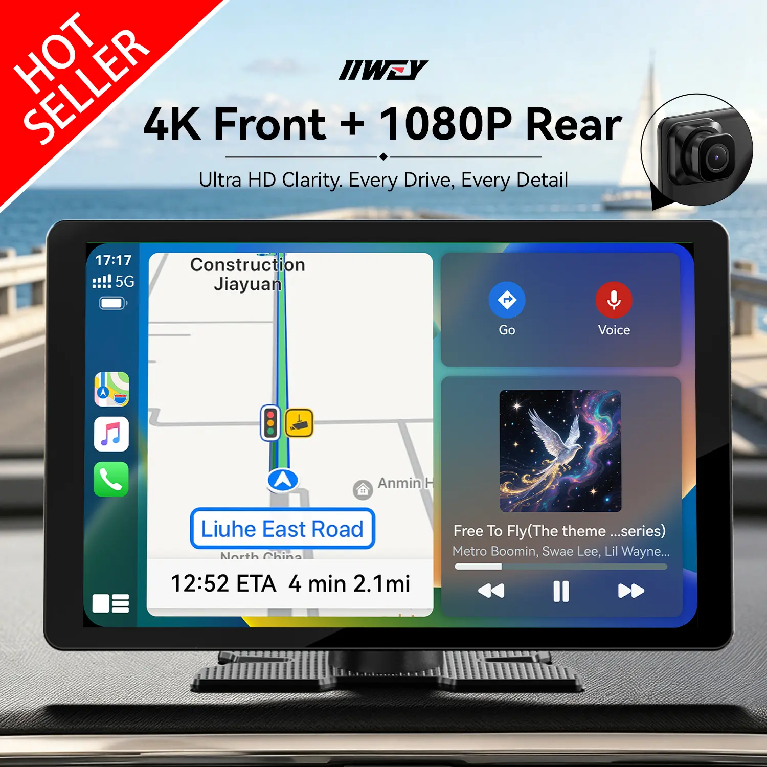 【Tool Upgrade】IIWEY iK11 11inch Extra Large Wireless Apple CarPlay Screen for Car – Ultra-Slim 0.16 Inch Touchscreen Car Stereo with Android Auto, 4K Dash Cam, 1080p Backup Camera, GPS, Mirror Link, Voice Control， FREE 64GB Card, #tool upgrade