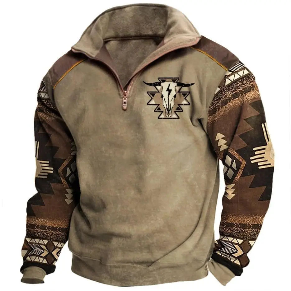 Aztec Cowboy Mens Hoodie Vintage Graphic Western Hoodies Casual Long Sleeve 1/4 Zip Pullover Mens Jacket Cotton Menswear