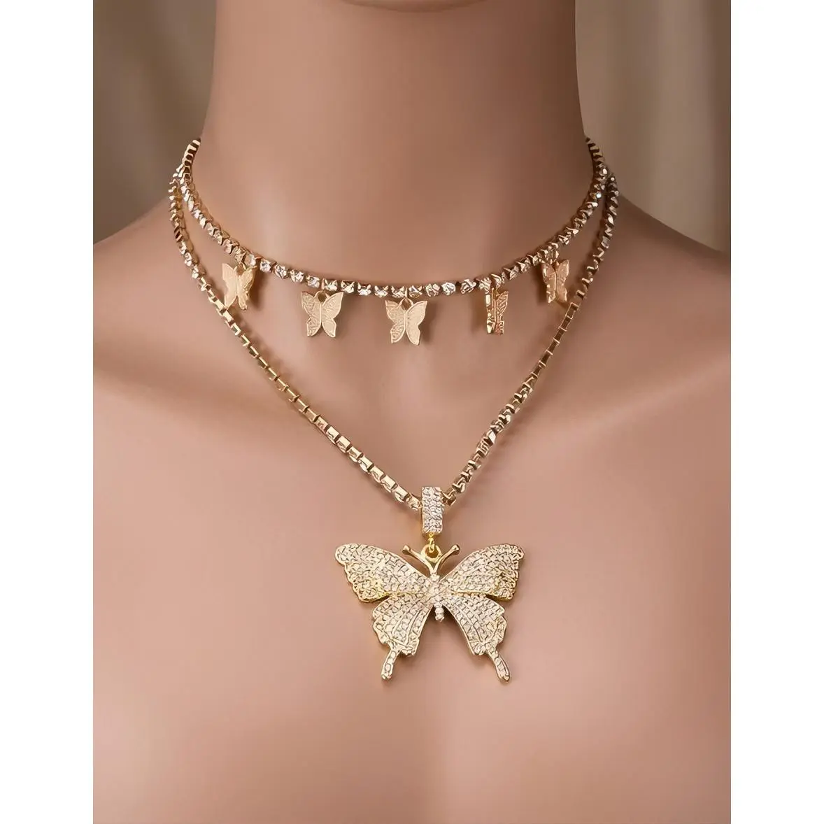 Female 2-Layer Gold & Silver Rhinestone Butterfly Choker Necklace Set, Simple Cuban Link Chain Jewelry Necklaces with Shimmering Pendant for Parties, Festivals