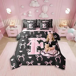 Black Pink Letter E Set with Sheets for Kids Girls Sweet Princess Style 7 Piece Bedding Set,Cute Alphabet Aesthetic Love Heart Bow Tie All Season Bed in A Bag