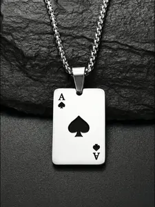 Men's Stainless Steel Silver Color Poker Card Pendant Necklace, Trendy Charms Necklace, Diamond a Design, Casual Fashion Jewelry Gift for Him