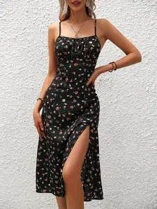 Women's Ditsy Floral Print Cami Dress, Casual Sleeveless Spaghetti Strap Long Dress for Summer, Ladies Clothes for Beach Holiday, Slit, Womenswear