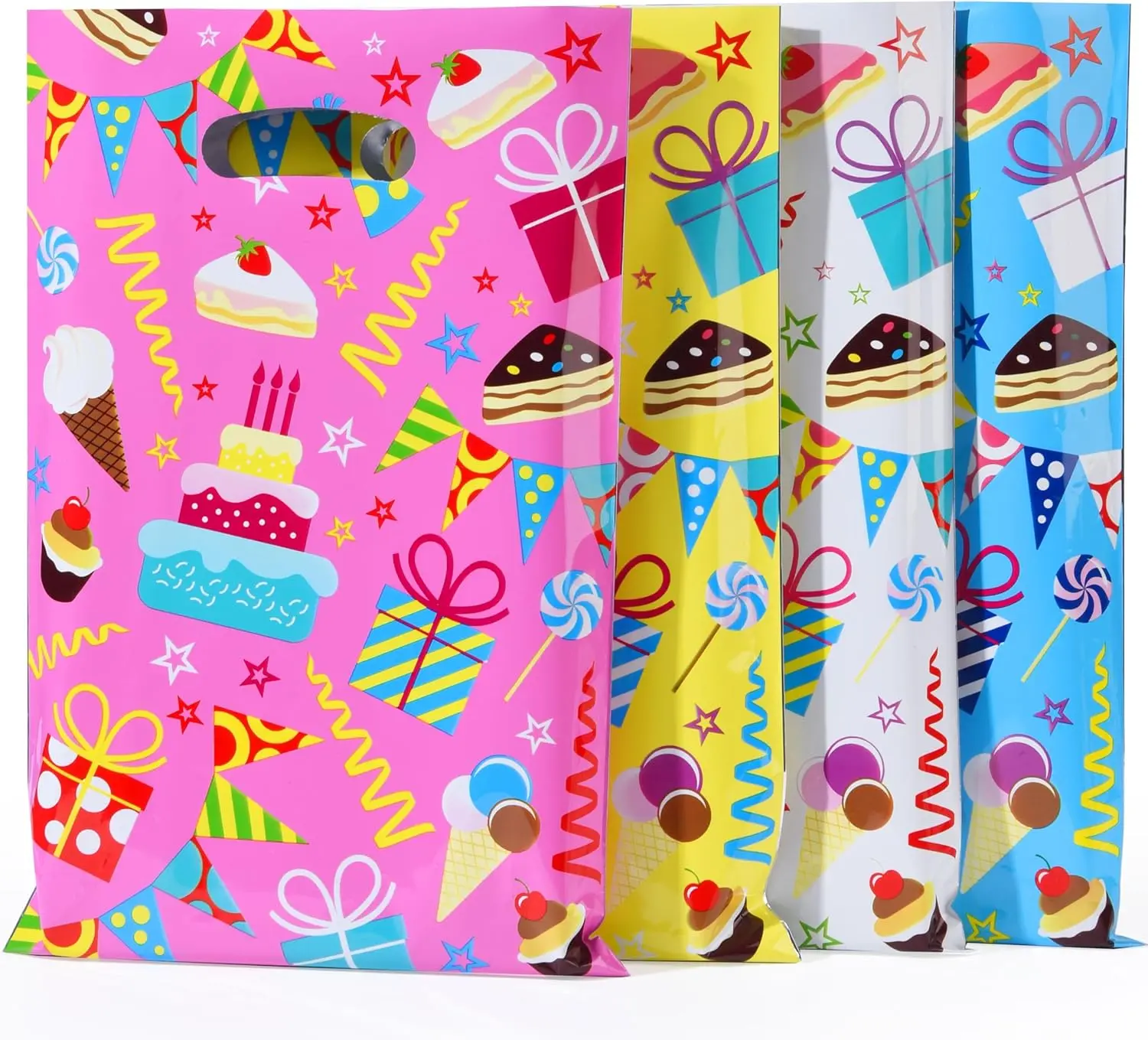 Birthday Party Favor Bags, 32 Pack Goodie Bags with Handles, 9.8 x6.7 inches, Pink Blue Yellow White Gift Bags for Kids Parties, Celebrations
