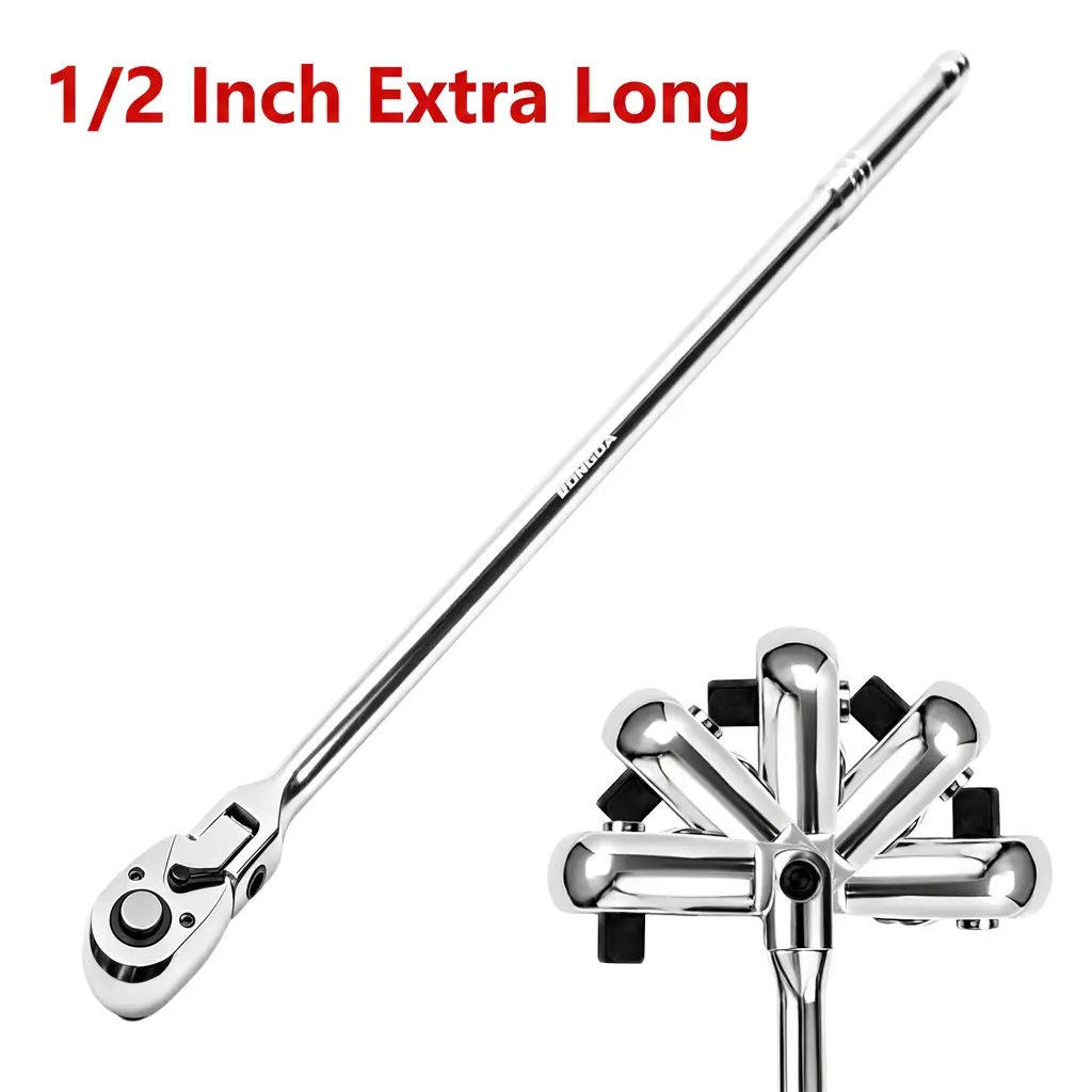 1/2" Drive Extra Long Flex Head Ratchet Wrench - 72-Tooth, 23.6in Long, Quick Release Reversible, Chrome Alloy, Swivel Head for Sockets & DIY Car Care