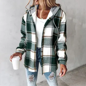 HerGarment BoxWomen's Plaid Pattern Long Sleeve Shacket Button Down Fleece Lined Hooded Jackets Warm Coat Casual Womenswear Comfort Outdoor Soft Winter Tops Plus Size Plaid Button-Up Shirt Outerwear Everyday green hoodie girl Tweed Bl