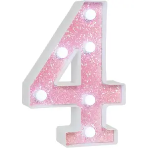 Pink Glitter Marquee Light Up Numbers, LED Number Lights Battery Operated for Girls 4th 14th Pink Birthday Party Table Decorations, Wall Decor for Girls Bedroom, Number 4 Sign Cool White Lights