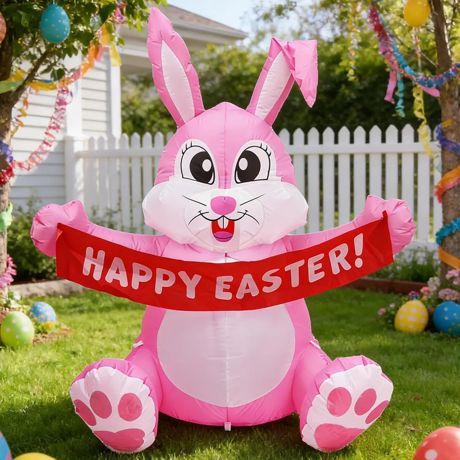 5FT Waterproof Easter Inflatable Rabbit Holiday Decorations, Banner-Holding Garden Ornament with LED Lights for Indoor & Outdoor Holiday Party Use, Outdoors