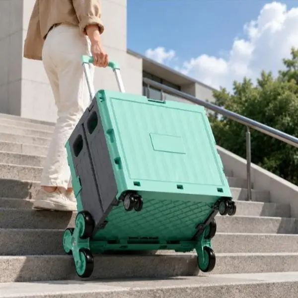 Stair-Climbing Rolling Storage Cart, 8-Wheel Heavy Duty Rolling Crate, 40L Large Capacity, Telescopic Handle, Anti-Lost Lid, Space Saving Portable Collapsible Grocery Trolley for Shopping, Camping, Travel & Home Storage, Rolling Cart Organizer Storage Bin