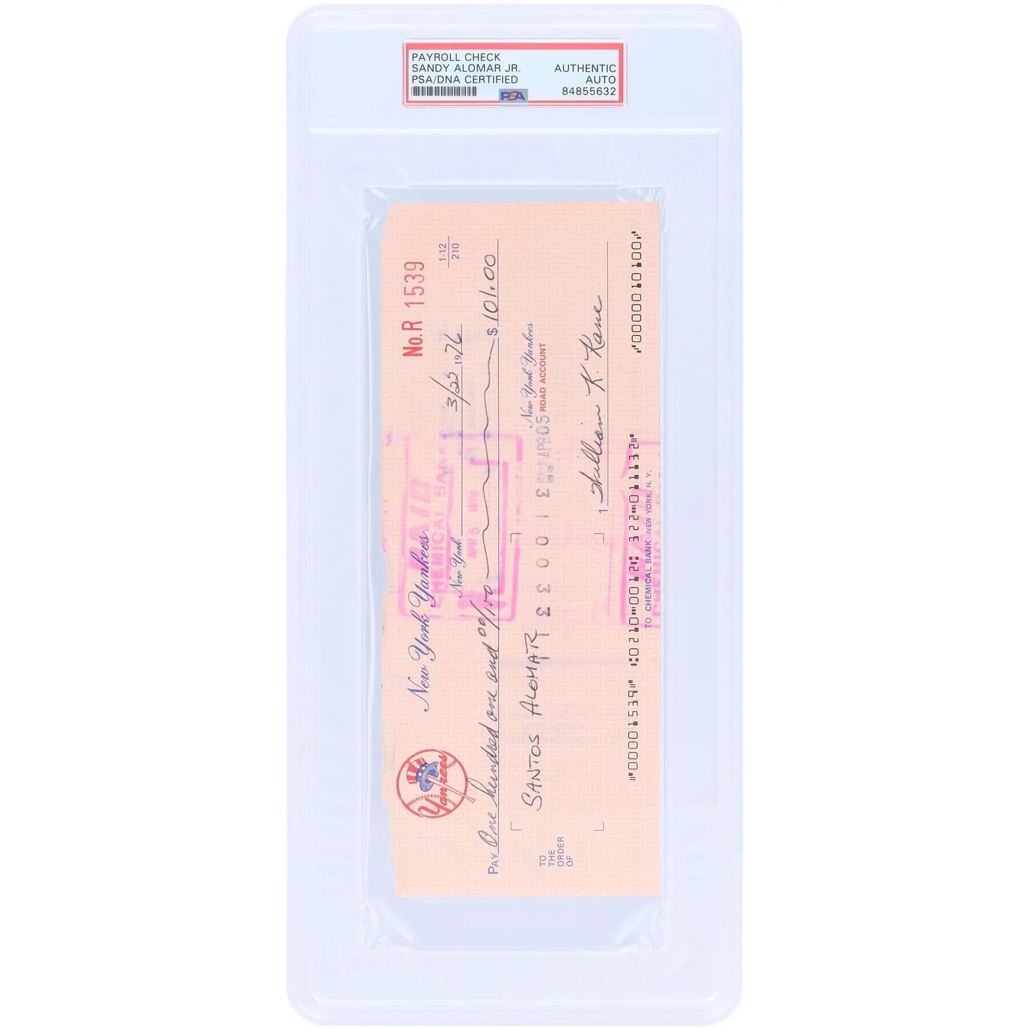Sandy Alomar Jr. New York Yankees Autographed Check from March 22, 1976 - PSA 84855632 - Fanatics Authentic Certified