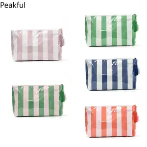 Striped Polyester Cosmetic Storage Bag, High-Capacity Travel-Ready Makeup Organizer, Portable Commuter Toiletry Pouch with Spacious Interior, Stylish & Durable Bag for Daily Cosmetics, Skincare & Travel Essentials