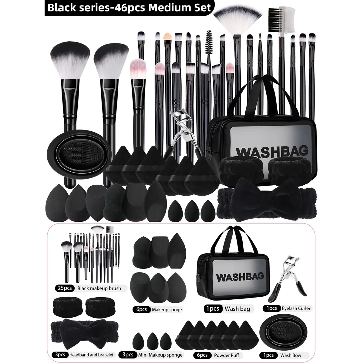 46-Piece Makeup Brush Set with Storage Bag, 6 Non-Latex Sponges, 6 Velvet Puffs, 3 Mini Blenders, Silicone Bowl, Waterproof Bag, Eyelash Curler, Wrist Bands, Headband, Beauty Organizer