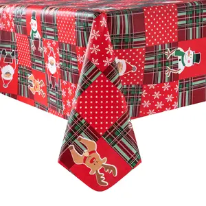 Christmas PEVA Cute elements Tablecloth Vinyl Surface with Flannel Backing Oilcloth Waterproof holiday