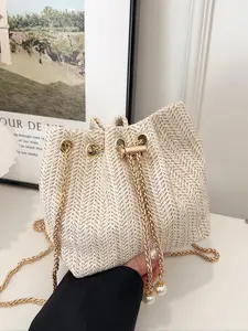 Small Fashion Plain Hollow Woven Chain Drawstring Mini Crossbody Bucket Bag, Versatile Design for Shopping and Travel