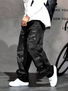 Summer Mens Clothing, High Street Personality Patched Ripped Wide Leg Denim Jeans, Trendy Cool Loose Fit Straight Pants, Men's Fashion, Streetwear