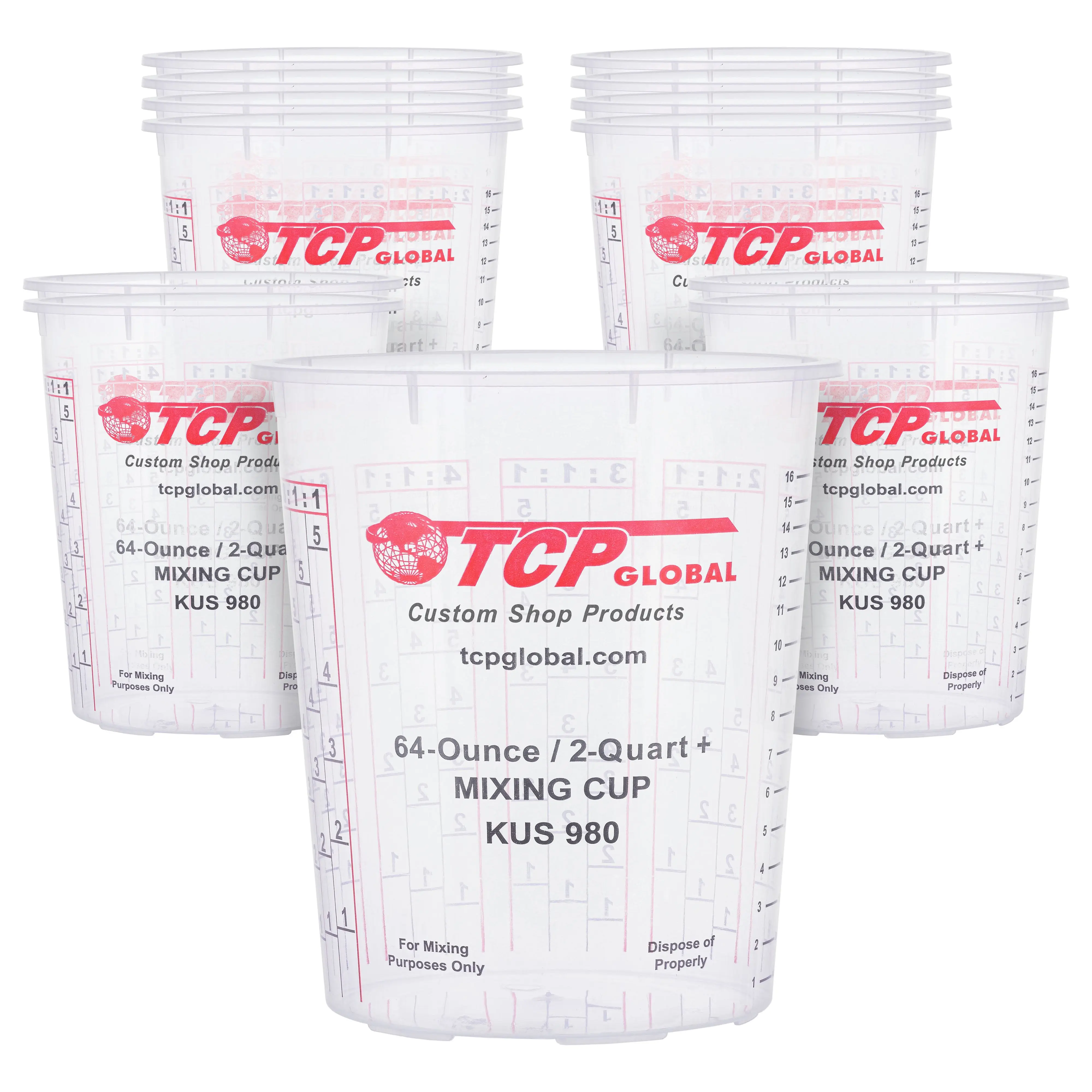 Paint Mixing Cups, 64-Ounce (12 Pack) - Plastic Measuring Cups for Liquids, Automotive Painting, Epoxy Resin, Acrylic Arts, Crafts, Disposable or Reusable, Graduated, Mixing Ratios