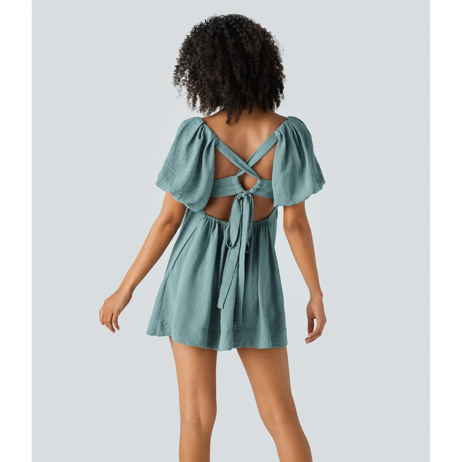 Halara Women's Backless Lace-Up Square Neck Puff Sleeve Side Pocket Adjustable Tailored Linen-Feel Garment, Effortlessly Chic Casual Womenswear Sports Dress