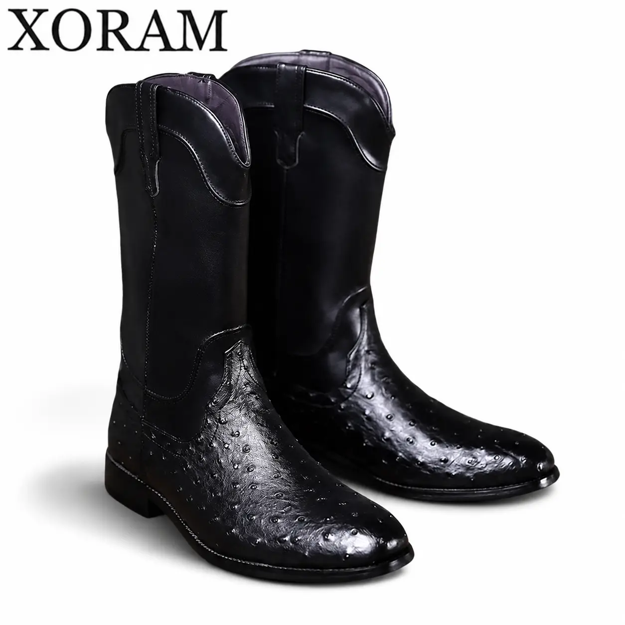XORAM Men's ostrich-patterned western cowboy boots, versatile vintage mid-calf pointed work boots, slip-resistant and durable work riding boots B603