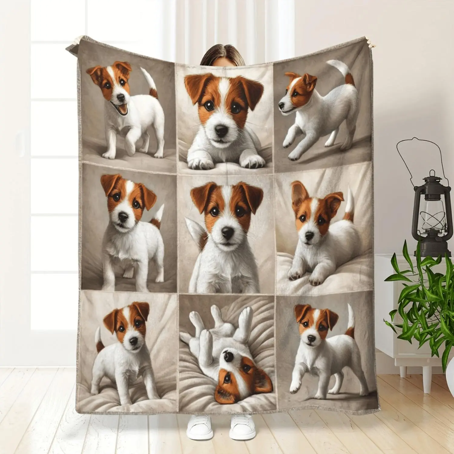 1pc Jack Russell Terrier Flannel Blanket - Retro Style Printed Multi-Color Dog Design, Soft All-Season Cozy Throw for Office Nap, Home Decor & Pet Snuggle Companion, Dog Blanket, Pet Friendly Bedding, Animal Theme, Durable Fabric, Gift Shoppers