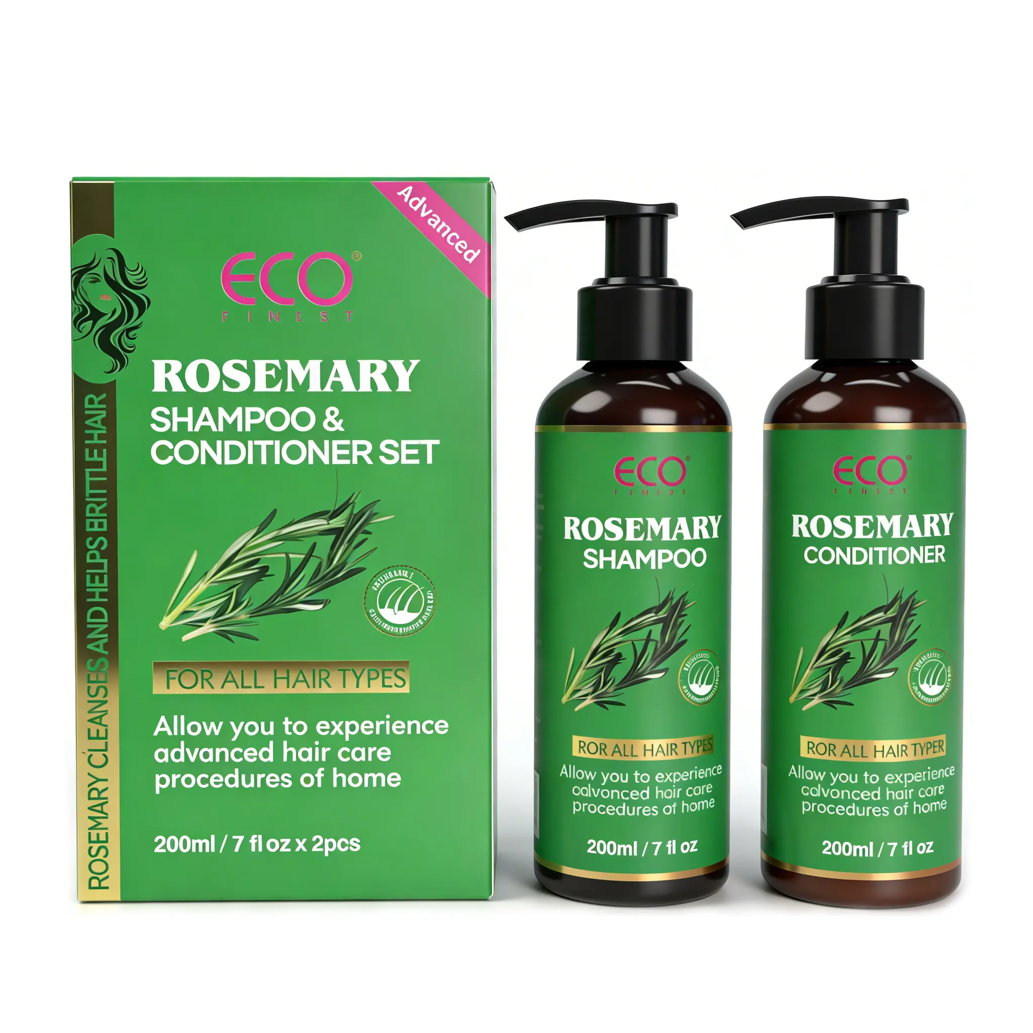Eco Finest Organic Rosemary & Peppermint Haircare Cleanser & Conditioner Set - Plant-Based, Daily Thickening, Strengthening with Hydrolyzed Keratin for Thinning Hair, Hair Loss (7 fl.ozx2pcs), Restore, Gentle, Moisture, Repair, Shampoo And Conditioner