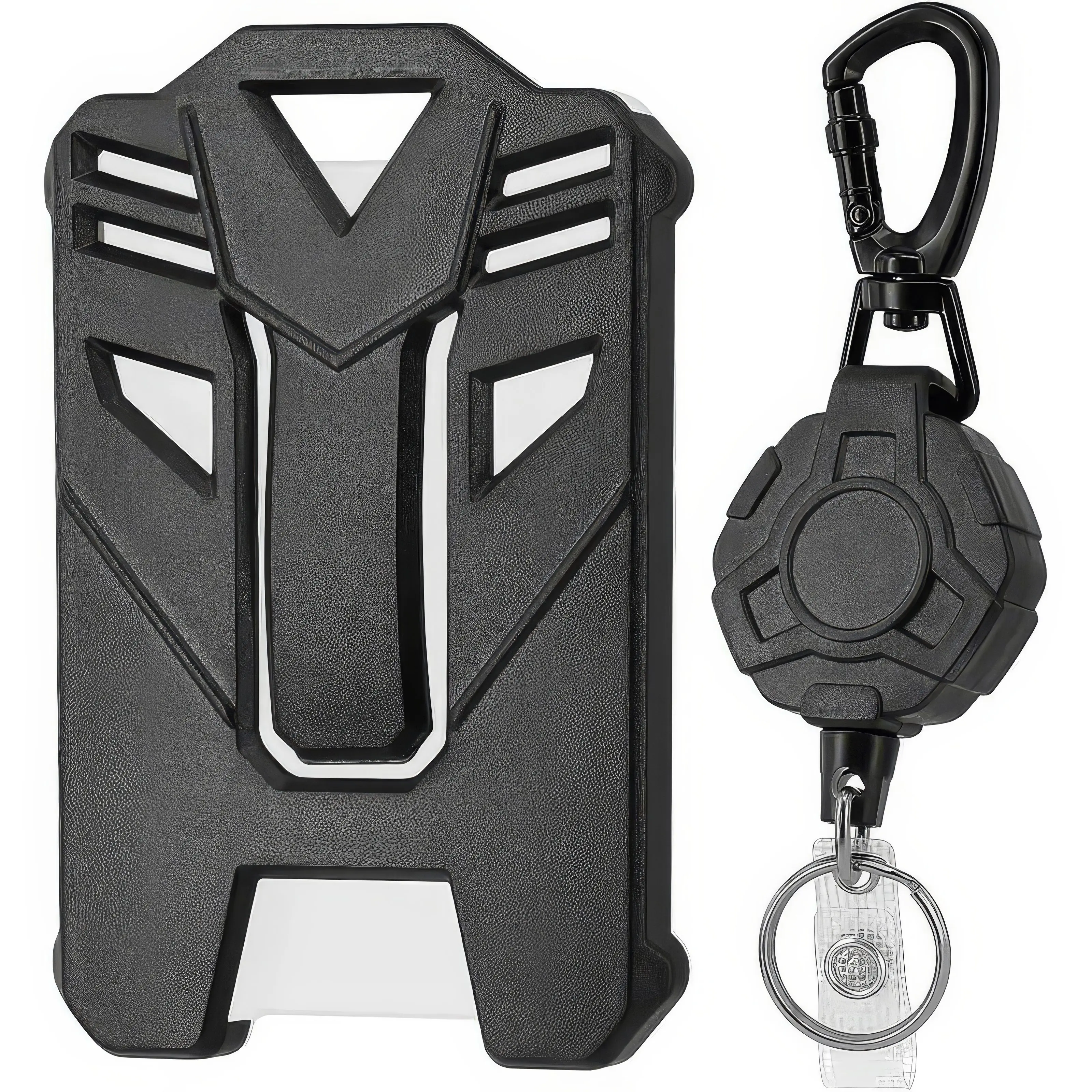 Heavy Duty Black Retractable Badge Reel with Carabiner - Rugged Tactical ID Holder, Tactical Mecha-Style Build, Scratch-Resistant Home Organization Hook, Fits Standard-Sized Cards, Up to 31 Inches