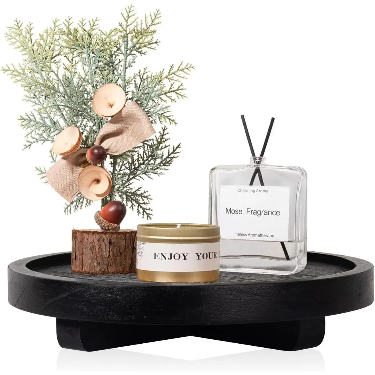 8" Black Rustic Round Wooden Decorative Tray - Home Organizer for Bathroom Counter, Farmhouse Kitchen, Soap Dish, Perfume, Candle, Sponge, Bathroom Accessories Set