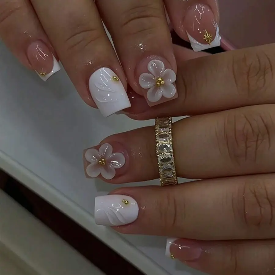 Women's 24pcs Short Square Acrylic Press-On Nail Set - Elegant White, 3D Wavy Floral, Starburst, Gold Bead Embellished - French Tip DIY Nail Art Supplies for Daily Wear, Floral Press On Nails