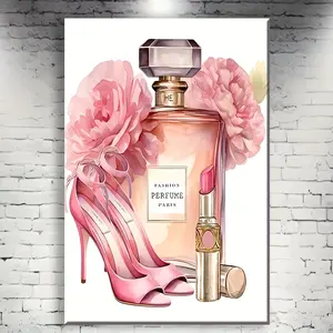 Canvas Wall Art Elegant High Heels Perfume Lipstick Design with Pink Hydrangeas Framed Home Decor for Bathroom Bedroom Office Living Room Perfect Gift