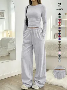 2026 Women's Two-Piece Homecoming Set, Long Sleeve Top & Wide-Leg Pants, Casual Match, Comfortable Fashion, Perfect for Home Wear