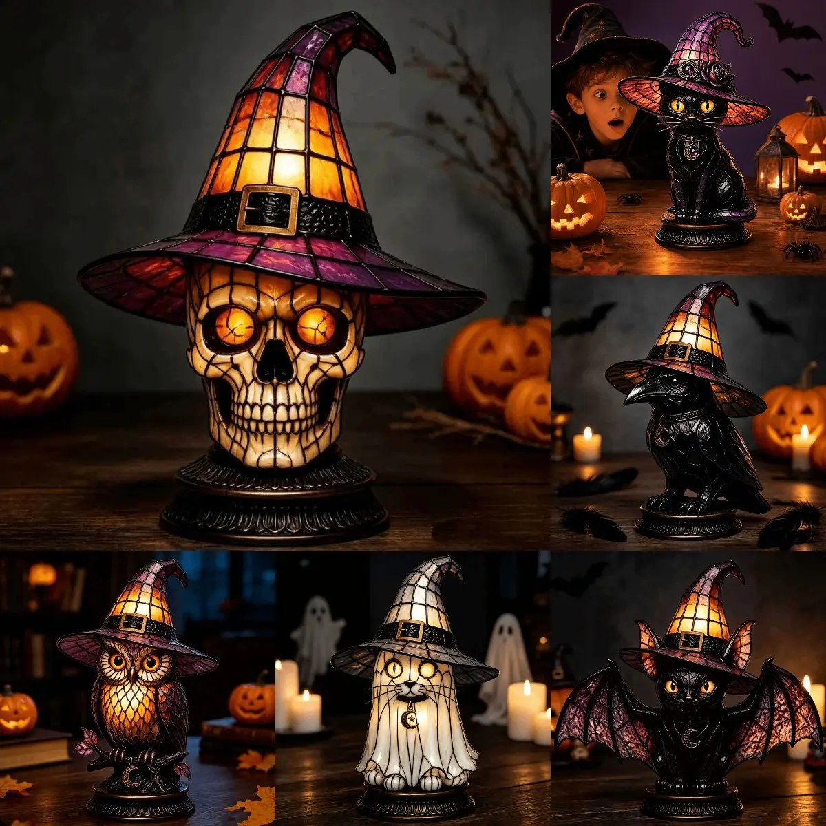 2026 New Gothic Witch Hat Lamp – Resin Black Cat Witch Hat Halloween Night Light, LED Decorative Table Lamp for Home, Halloween Party & Gothic Décor