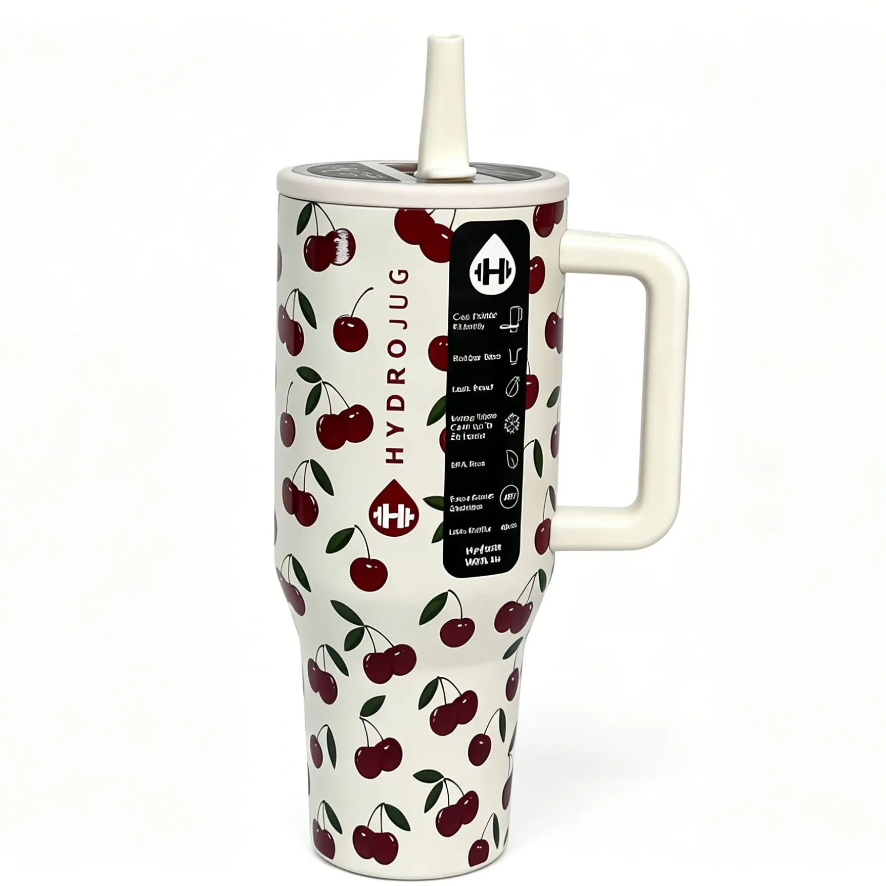 HydroJug 40oz Traveler Vibrant Cherry Print Tumbler with Triple-Wall Insulation FlipStraw Lid for All-Day Hydration Portable Insulated Flask Mug Printed Drinkware Bottled Water Bottles Bottled