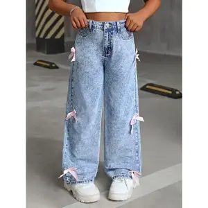 New Fashionable Wide-Leg Jeans with Bow Decoration. Pants Cute Denim Baggy Womenswear Bottom Trouser Streetwear Light Blue Loose
