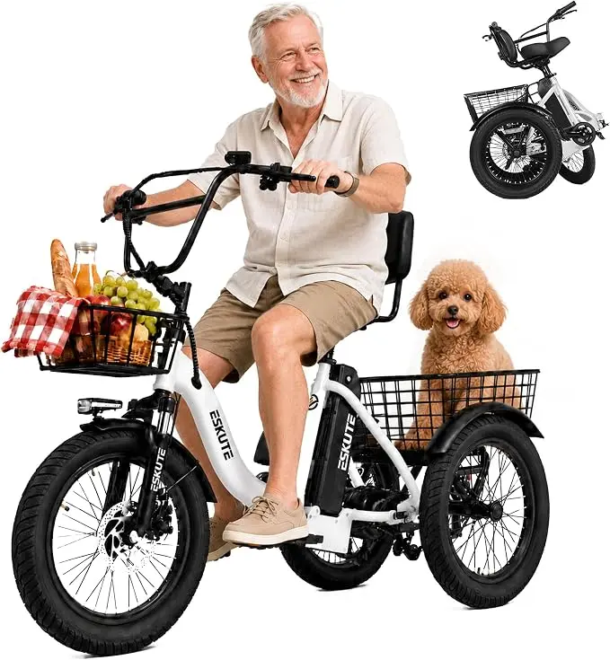 ESKUTE T300 Folding Adult Electric Tricycle, 1200W Motor, 48V 13Ah 499Wh Battery, 55 mi Long Range, 18"x3.0" Wide Fat Tires, Low-Profile 3-Wheel Frame with Cargo Basket, Adjustable Speed, 95LBS Max Load, 12-Month Warranty, For All Rider Levels
