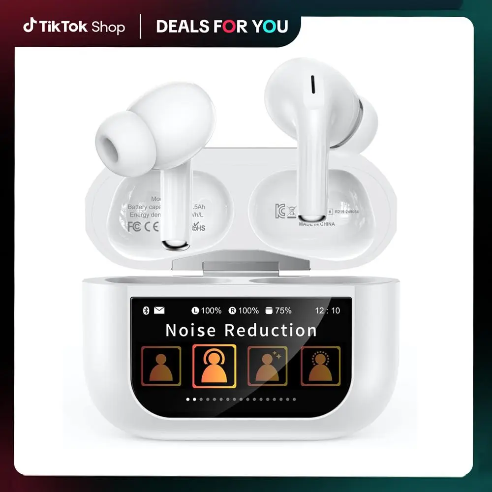 Lightweight Wireless Bluetooth In-Ear Headphones - Hand-Free, Smartphone-Connected, Full Color Display, Active Noise Cancellation, iPhone/Android Compatible White Audio Electronic Device, Headphone, Hand-Free In-Ear Headphones
