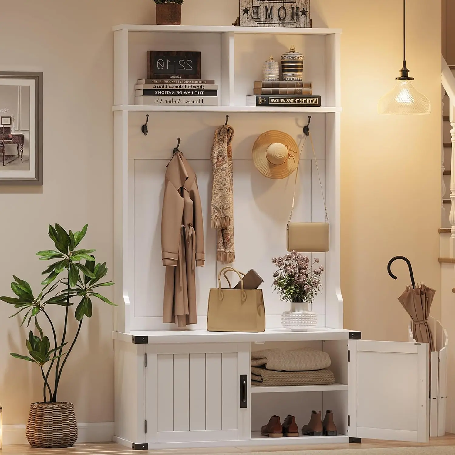 76" Hall Tree with Bench & Shoe Storage, Farmhouse 4-in-1 Entryway Organizer with Coat Rack & 5 Tri-Hooks, Adjustable Shelf, White Mudroom Bench Storage Seating