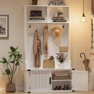 76" Hall Tree with Bench & Shoe Storage, Farmhouse 4-in-1 Entryway Organizer with Coat Rack & 5 Tri-Hooks, Adjustable Shelf, White Mudroom Bench Storage Seating
