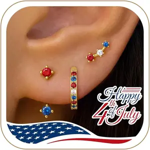 3 Pairs Dainty Small 4th of July Earrings for Women Trendy, Birthstone Stud Huggie Hoop Jacket Stack for Cartilage Helix, Gold Plated Hypoallergenic Cute Women Fashion Accessories Western Jewelry Gifts