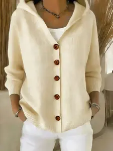 Women's Hooded Button Knit Cardigan, Soft Hood Design, Long Sleeve Open Front, Fit, Casual Elegant Versatile Basic Everyday for Spring Fall Winter, Knitwear, Womenswear, Hooded Top