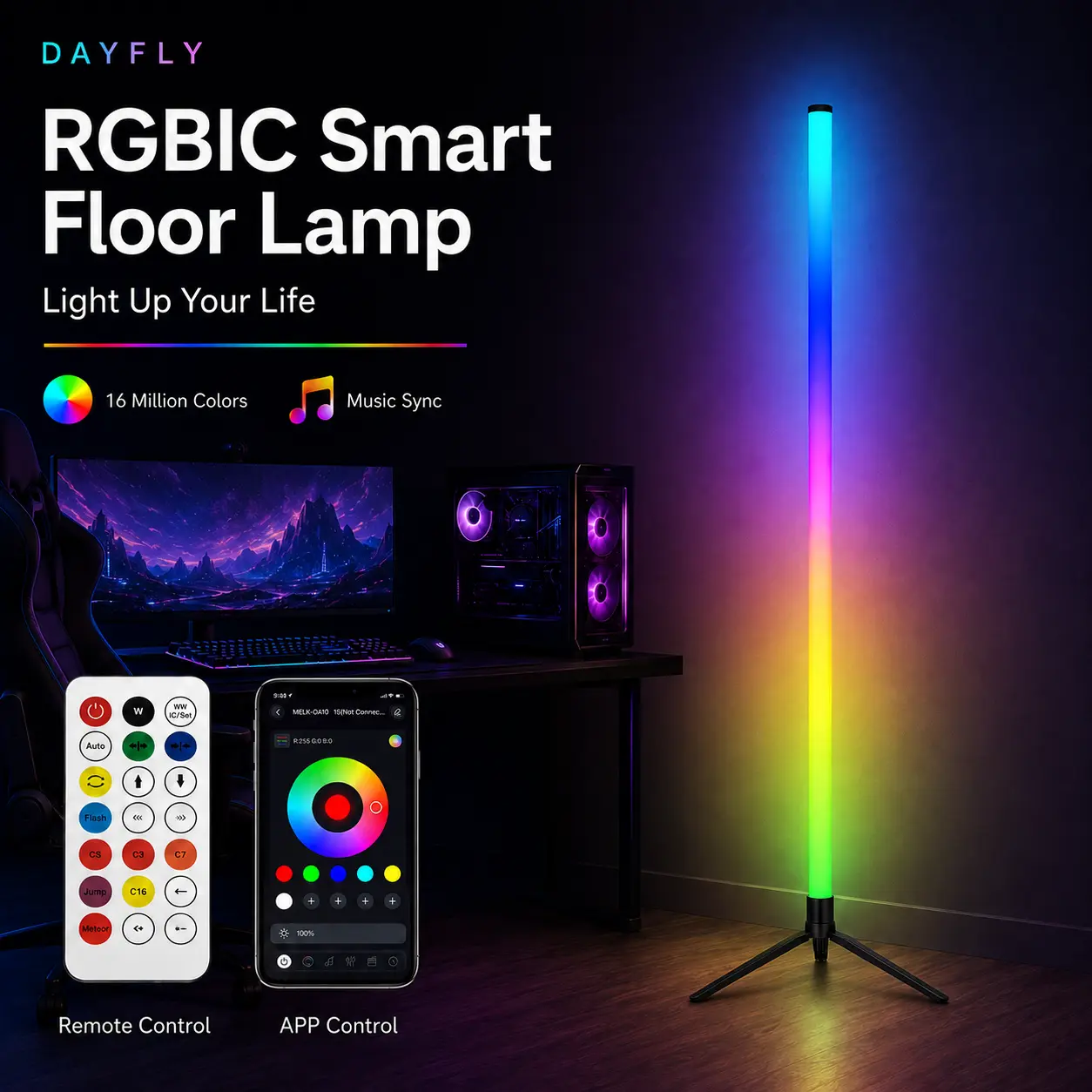 1PC/2PC RGB Smart Floor Lamp, USB Powered Color Changing LED Corner Light with Music Sync, App & Remote Control, Relaxation Smart Ambient Lighting for Bedroom, Room Decor,sohochic,home decor