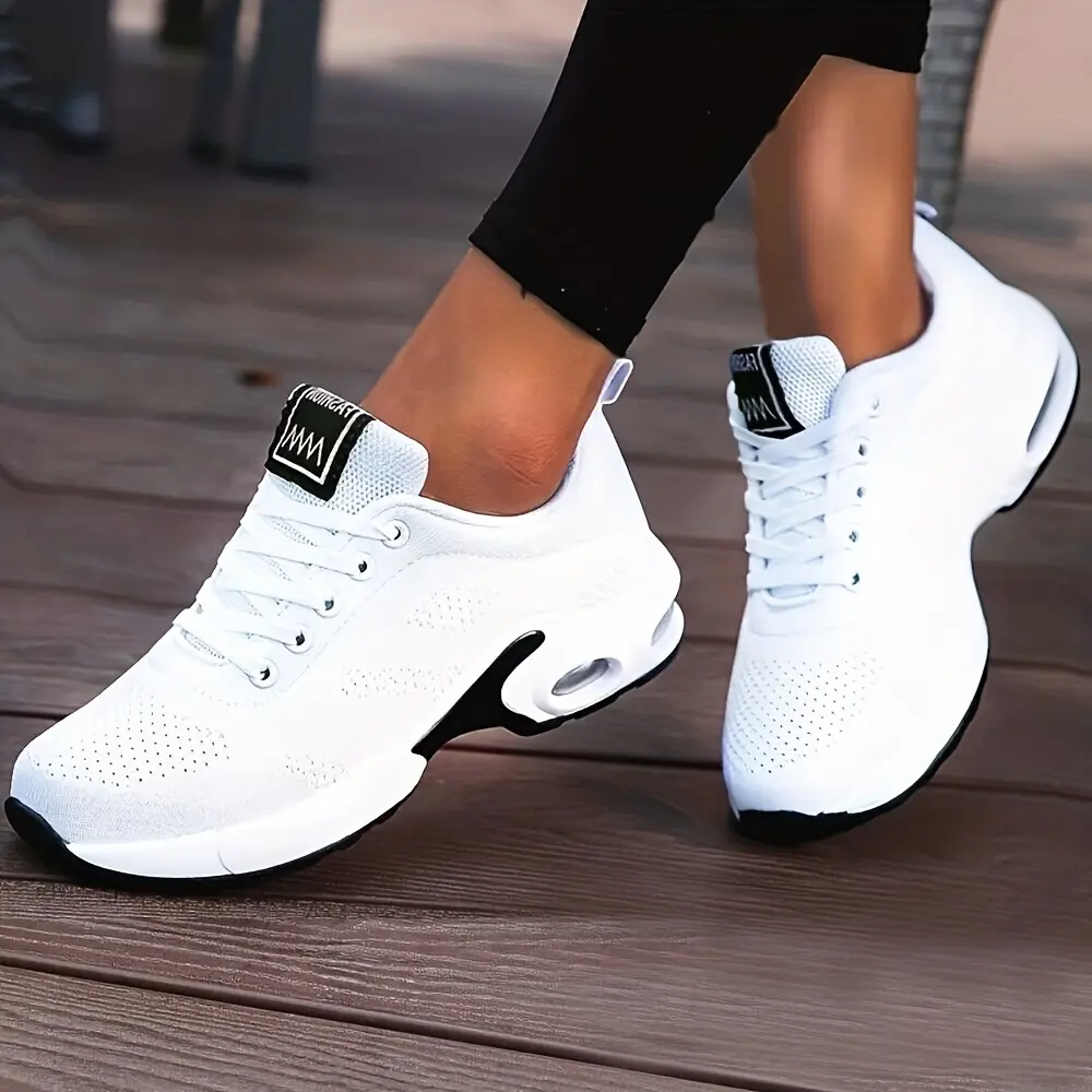 Women's Breathable Flying Weave Lace-Up Air Cushion Road Running Shoes - Shock-Absorbing Casual Trainers, Ideal for Outdoor Sports, Fitness