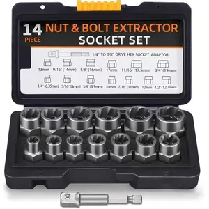 Bolt Removal Tool Set, 13+1 Piece Kit with 3/8 Inch Adapter, Rusty Round Head Damaged Nut Remover, Extraction Socket Set, Durable Storage Box