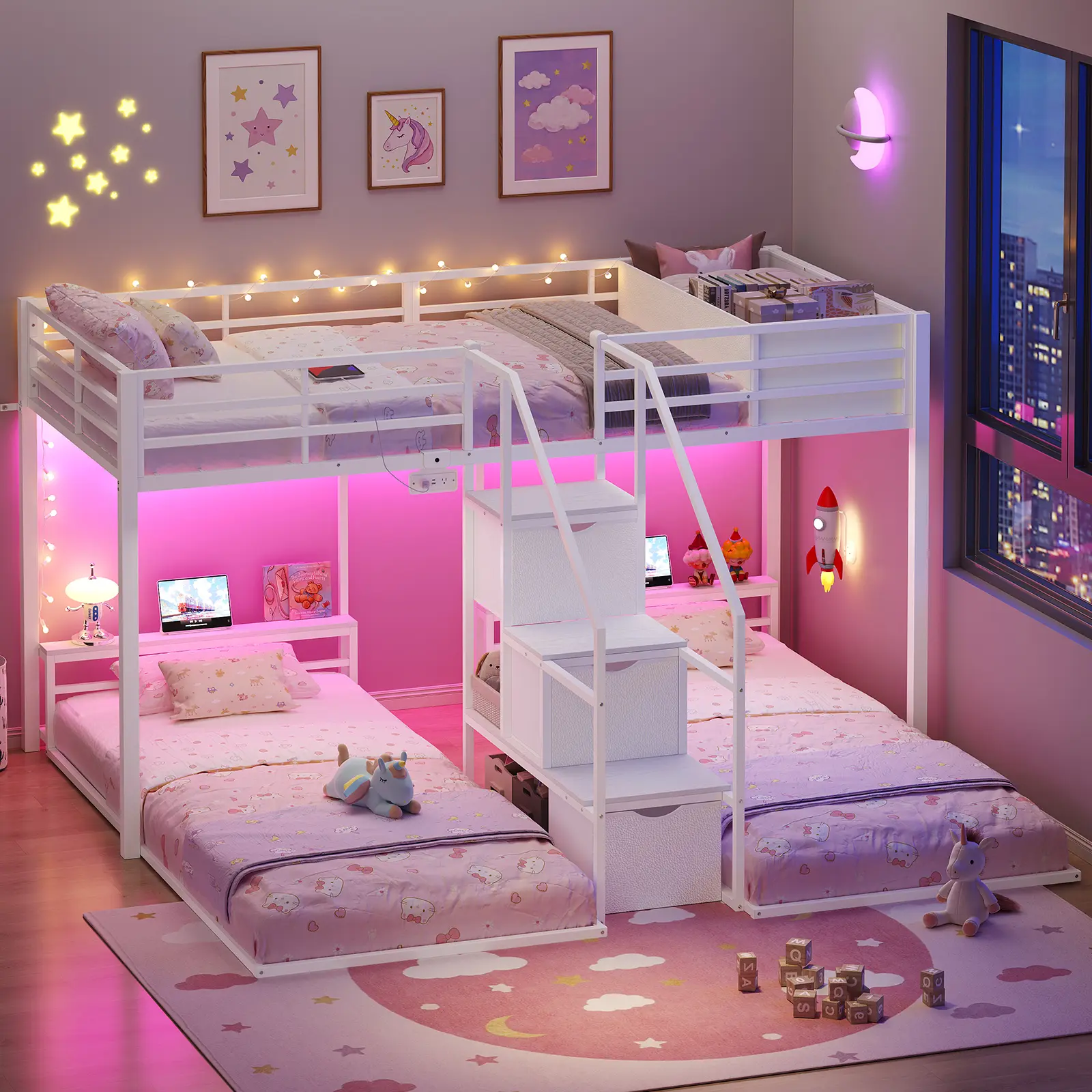 ADORNEVE Heavy Duty Alloy Steel Triple Bunk Bed Frame - Twin Over Twin with Storage Staircase, RGB Lights, USB Port, Drawers, Headboard Shelf, Secure Safety Guardrails for Kid Room Indoor Apartment Furniture