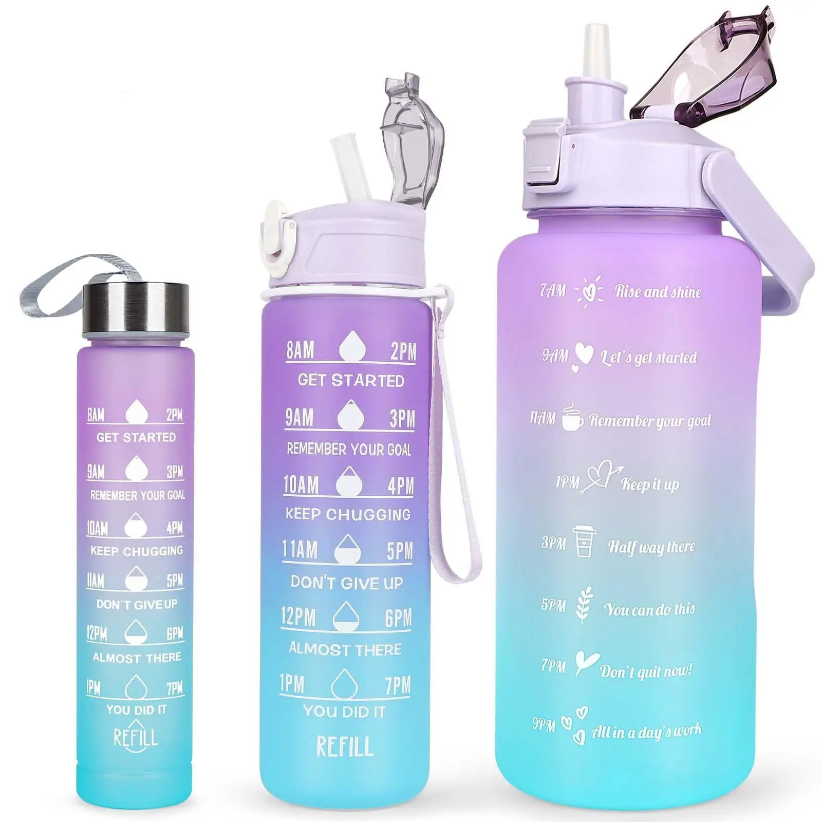 Summer Travel Gradient Water Bottles, 3 Counts/set Portable Tumbler with Straw & Strap, Reusable Water Bottles with Time Marks, Washable Drinkware, Ru