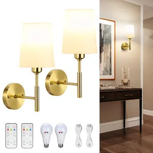 Battery Operated Wall Sconce with Remote Not Wiring Dimmable Rechargeable Battery Wall Sconce Set of 2 Wireless Wall Lamp Lights for Bedroom (Gold)