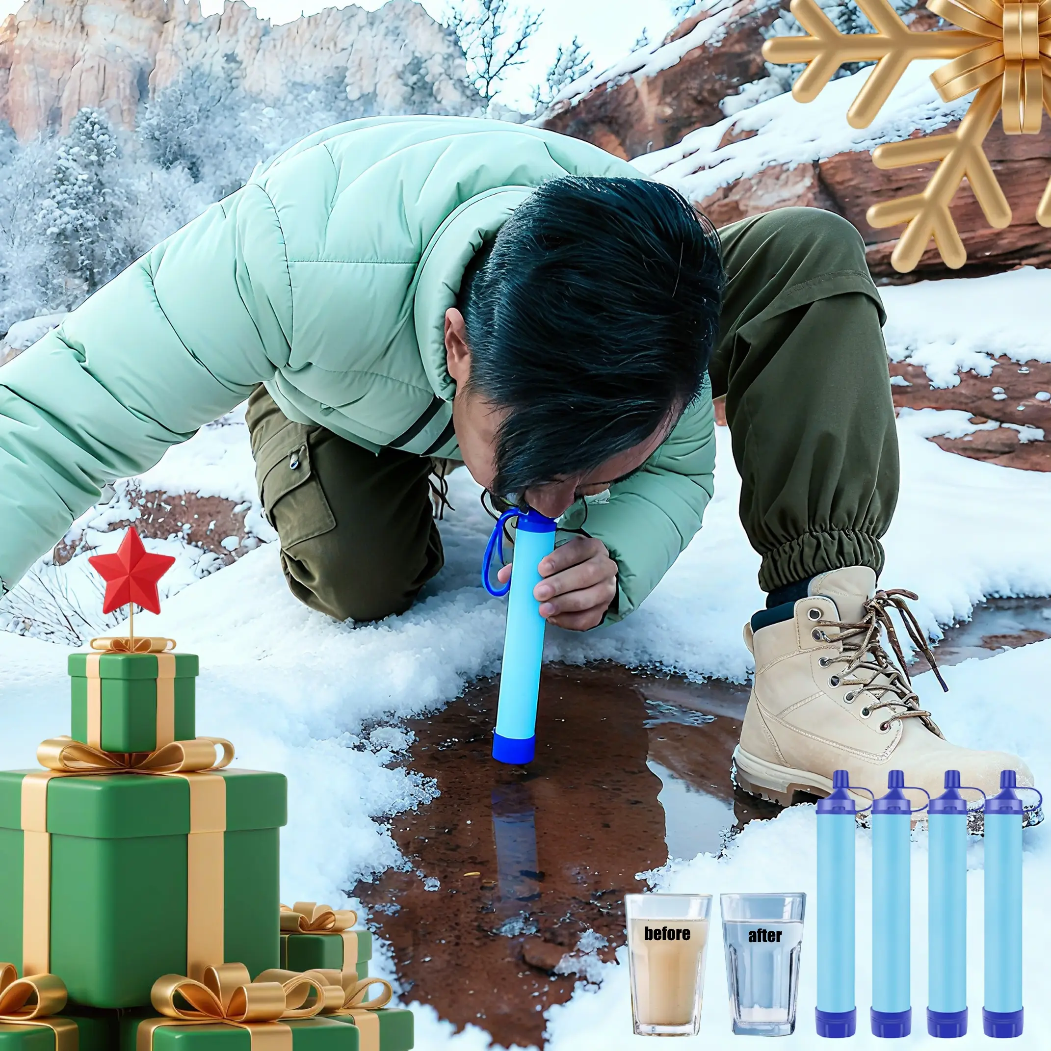 Outdoor Water Filter, Straw Water Filter, Portable Water Filter, Emergency Survival Water Purifier for Prepper Emergency Equipment Camping Supplies Hiking Camping